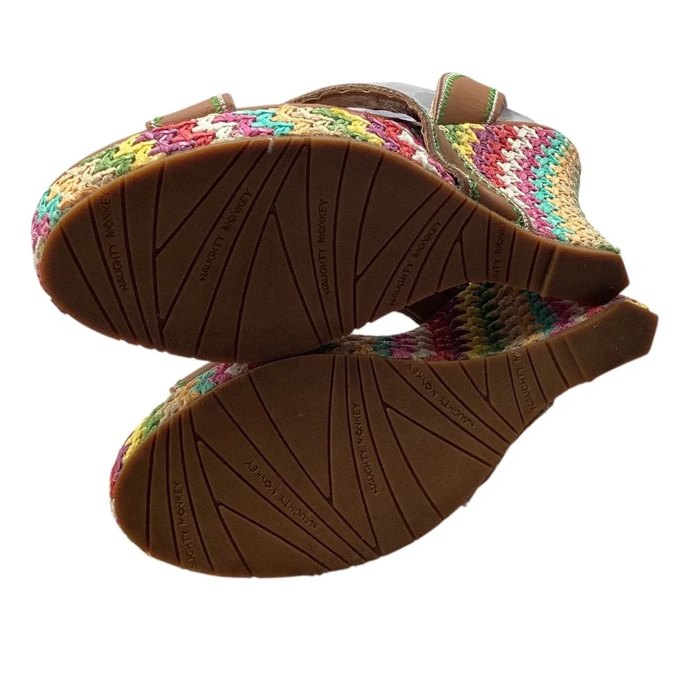 Naughty Monkey Women Tan Leather Woven Straw Platform‎ Wedge Sandals Multi-Color